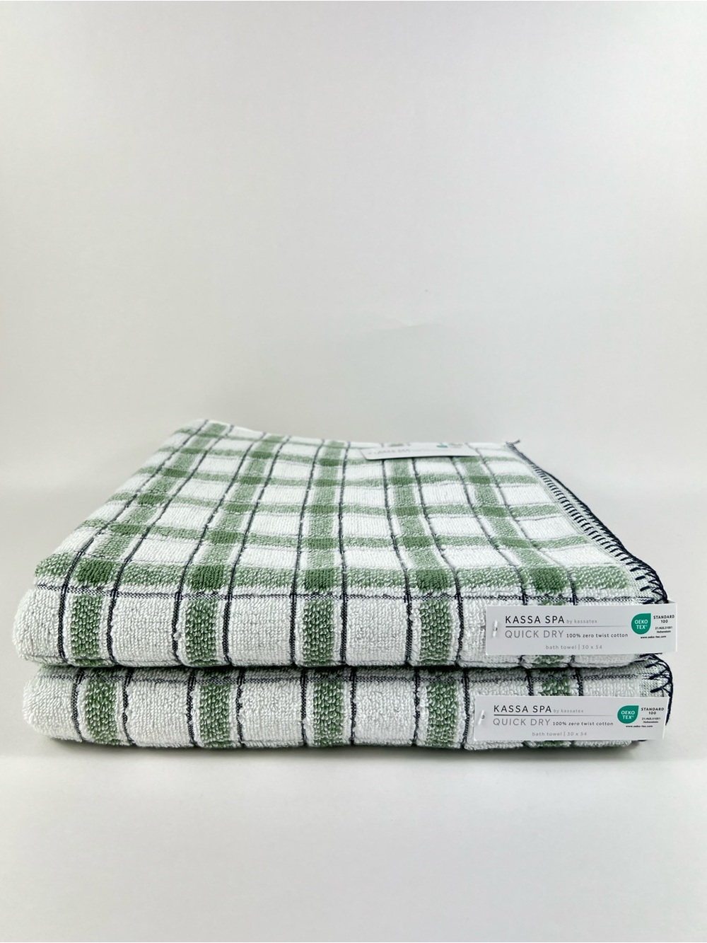 Kassa Spa Kassatex Bath Towel Set Green White Black Stripe Soft Cotton 2 Pc NEW